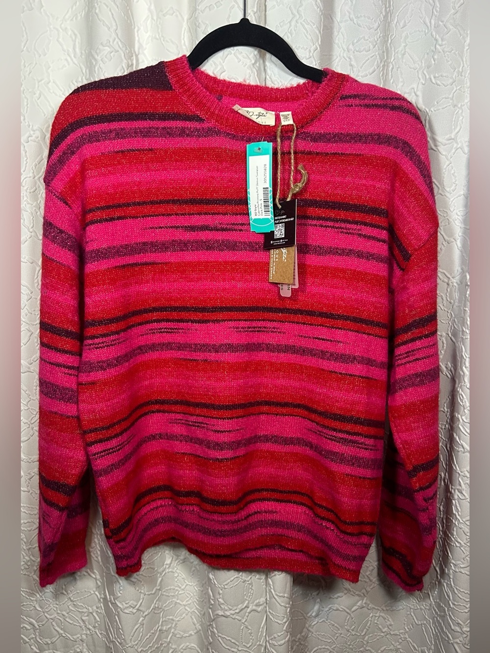 Bright Pink Striped Crewneck Sweater